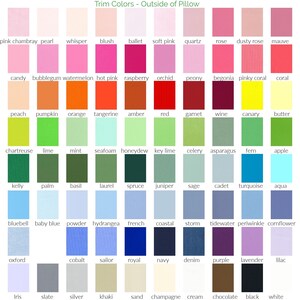 Pode incluir: Uma cartela de cores intitulada Trim Colors - Outside of Pillow, exibindo uma grade de 80 amostras de cores de tecido distintas com r&oacute;tulos incluindo pink chambray, coral, orange, lime, navy e black, organizadas em linhas e colunas.