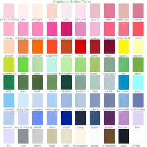 May include: A colour chart titled Applique/Letter Color displaying a grid of 90 small fabric squares in various shades including pinks, oranges, reds, yellows, greens, blues, purples, greys, browns, black, and white, each labelled with its colour name.