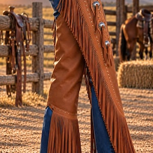 May include: Tan leather chaps featuring long fringe, intricate floral tooling, and silver-toned concho accents along the side. The chaps are worn over blue denim jeans and brown leather boots, showcasing a detailed belt and metal studs.