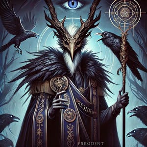 May include: A dark-feathered, bird-like figure with a golden beak and antlers wears a blue and gold robe with the word "PRESIDENT" written on it. The figure holds a staff with a compass-like design at the top. The background is dark blue with a single blue eye at the top.