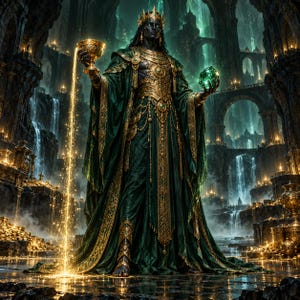 May include: A figure wearing a dark green and gold robe with an ornate crown, holding a golden chalice pouring liquid gold and a glowing green gemstone. The attire features intricate gold embroidery and metallic accents on the chest and legs.