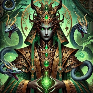 May include: A woman with green eyes and a crown of gold and green jewels wears a green robe with gold embroidery and holds a glowing green orb in her hands. Two green snakes with blue scales wrap around her arms and a third snake with blue scales is coiled around her waist.