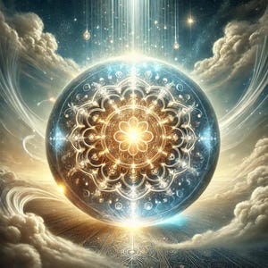 Peut inclure: Œuvre d'art numérique représentant une sphère lumineuse ornée d'un motif de mandala détaillé. La sphère est placée sur un fond de nuages et de lumière céleste, avec des rayons de lumière émanant d'en haut et d'en bas, créant une scène mystique et éthérée.