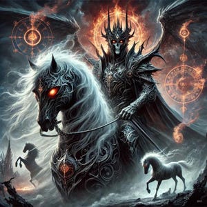 May include: A dark, skeletal figure wearing a crown and armour rides a white horse with black, ornate details. The horse has glowing red eyes. The figure holds a long, black staff. The background is dark and smoky with glowing orange circles.