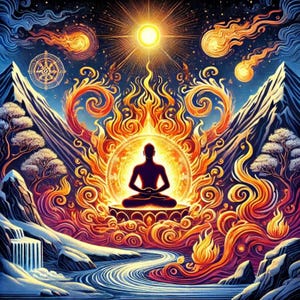 May include: A silhouette of a person in a meditative pose sits on a lotus platform surrounded by swirling orange and yellow flames. The scene features snow-capped mountains, a flowing river, a bright sun, and falling meteors in a dark sky.