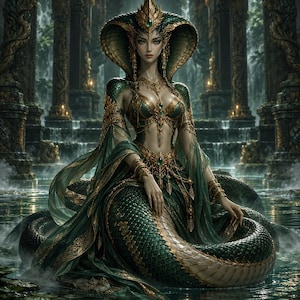 May include: A humanoid figure with a cobra-like hood and a long, scaled green snake tail. The figure wears ornate gold jewellery, a green bodice, and flowing green fabric, set against a backdrop of stone pillars and cascading water.