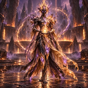 Op de afbeelding: Een humanoïde figuur met een donkere huid en gloeiende paarse ogen, gekleed in een ingewikkelde japon van vloeiende zwarte, gouden en paarse stof. De figuur draagt een kroon van vlammen en houdt een heldere lichtbol in de handen.