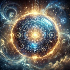 以下が含まれることがあります： 暗い青と金の星が散りばめられた背景に、複雑な模様と数字が描かれた円形の輝くマンダラ