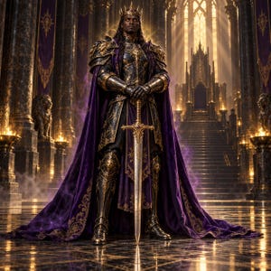 May include: A figure wearing ornate black and gold armor with a long purple velvet cape, standing in a grand hall. The figure wears a crown and holds a large, double-edged sword with both hands, resting the tip on the floor.