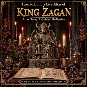 May include: A digital guide titled How to Build a Live Altar of KING ZAGAN Altar Setup & Guided Meditation featuring a central bronze-toned statue of a winged bull-headed figure on a throne, surrounded by lit candles, incense, and an open book.