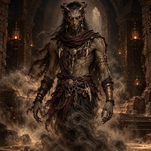 May include: A dark, horned humanoid figure with glowing yellow eyes, wearing a deep red fabric wrap, ornate gold arm cuffs, and a belt adorned with metallic circular medallions and bone-like pendants, standing amidst swirling gray smoke.