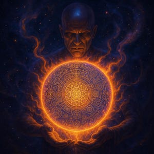 Puede incluir: Un hombre con una expresión seria sostiene un orbe brillante con intrincados símbolos y patrones dorados sobre un fondo estrellado azul oscuro.