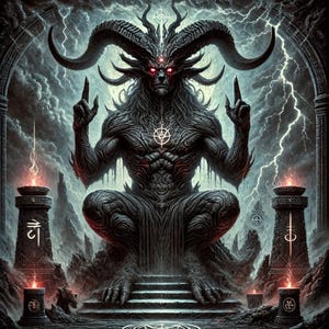 Op de afbeelding: Een donker, gehoornd figuur met gloeiende rode ogen zit op een troon, omringd door bliksem en donkere wolken. Het figuur heeft een symbool op zijn borst en houdt zijn handen omhoog in een gebaar van macht.