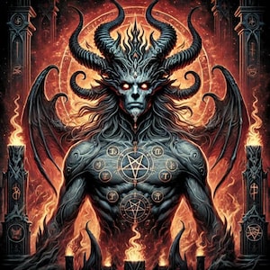 Może przedstawiać: Cyfrowa ilustracja rogatego demona z pentagramem na klatce piersiowej, otoczonego płomieniami i kołem symboli. Demon ma dziki wyraz twarzy i nosi koronę cierniową.