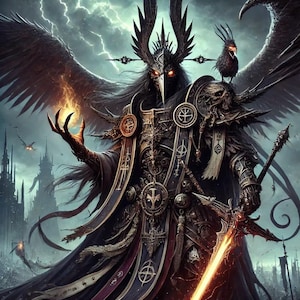May include: A dark, winged figure with a horned headdress and a long, flowing black robe. The figure holds a glowing orb in one hand and a sword in the other. The figure is surrounded by a dark, stormy sky.