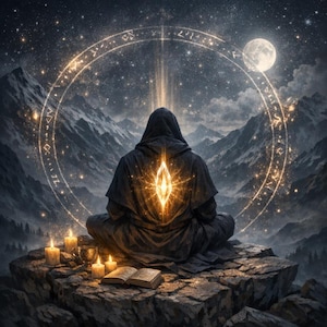 May include: A hooded figure in a dark robe sits in a meditative pose on a rocky cliff. A glowing golden crystal emblem rests on the back of the robe. A circular ring of light with symbols surrounds the figure, set against a mountain landscape.
