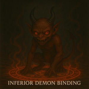 Puede incluir: Un demonio rojo con cuernos y ojos rojos brillantes está atrapado en un círculo rojo con el texto "Inferior Demon Binding" debajo.