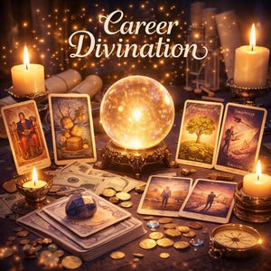 May include: A dimly lit scene with a glowing crystal ball, tarot cards, lit candles, and scattered coins. The text "Career Divination" is displayed above the crystal ball. The image suggests a theme of fortune-telling and spiritual guidance.