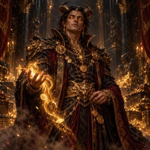 May include: A figure with dark hair and horns wears a black and deep red robe adorned with intricate gold embroidery, lion-head accents, and layered gold chains. Glowing golden coins float in the air around the figure's hand.