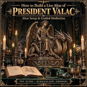 May include: A digital guide titled How to Build a Live Altar of President Valac, Altar Setup & Guided Meditation, featuring a bronze-toned statue of a winged figure riding a two-headed dragon, an open grimoire, candles, and crystals.