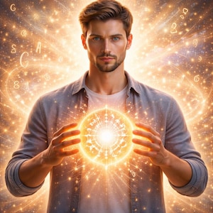 Puede incluir: Una persona con una camisa azul claro abotonada sobre una camiseta blanca, frente a un emblema dorado circular brillante con intrincados símbolos del zodiaco y partículas de luz radiantes sobre un fondo oscuro.