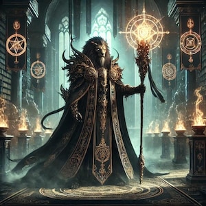 May include: A lion-like creature wearing a black and gold robe and holding a staff with a glowing orb at the top. The creature is standing in a dark, ornate room with candles and symbols on the walls.