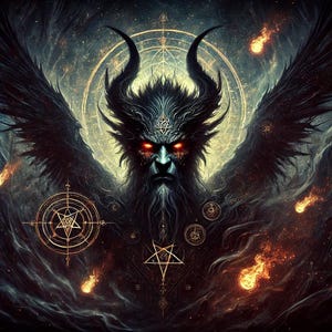May include: A digital illustration of a dark, horned demon with glowing red eyes. The demon has large black wings and is surrounded by golden pentagrams and swirling smoke.