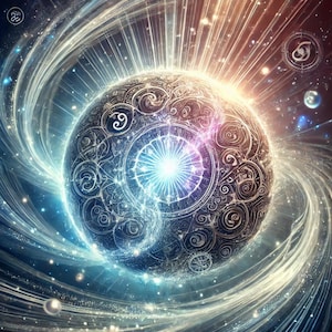 Peut inclure: Une galaxie tourbillonnante de lumière et de couleur entoure une sphère ornée et détaillée avec un centre lumineux. La sphère est recouverte de motifs et de symboles complexes, créant un sentiment d'émerveillement cosmique.
