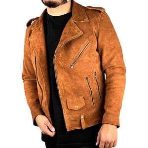 Brown Suede Leather Jacket - Men&#39;s Slim Fit Suede Biker Jacket - Western Style Soft Leather Moto Suede Jacket
