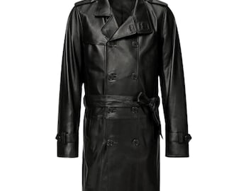 Genuine Black Long Leather Trench Coat - Handmade Double Breasted Overcoat for Men