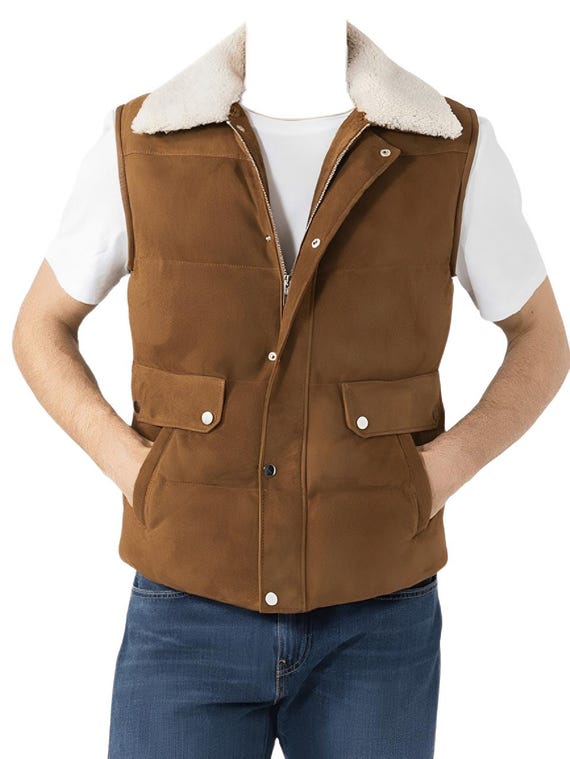 Handgefertigte Braune Wildleder Weste: Kunstpelz Kragen, Herren