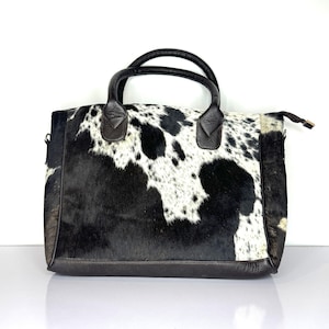 Borsa da donna in stile occidentale fatta a mano - Borsa tote in pelle di mucca con manici superiori in pelle - Borsa a tracolla nera - Regalo per lei