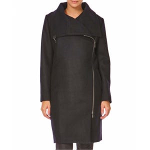 Handmade Wool Long Trench Overcoat - Black Zipper Coat For Women