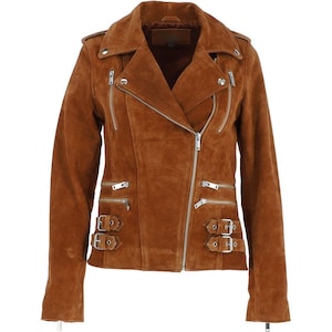 Women&#39;s Suede Biker Jacket - Handmade Brown Moto Suede Leather Jacket - Slim Fit Jacket