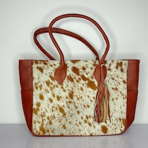 Borsa tote in pelle di mucca - Borsa tote western marrone e bianca - Borsa da donna in pelle di mucca naturale - Regalo perfetto per lei