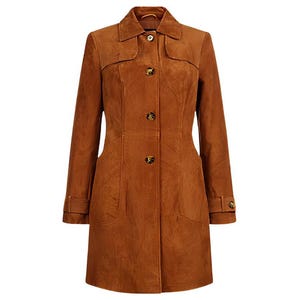 Handmade Suede Leather Coat: Women&#39;s Vintage Tan Brown Overcoat