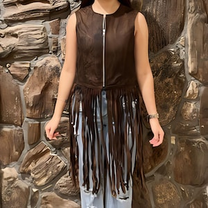 Suede Western Leather Vest - Cowgirl Brown Fringe Suede Vest - Party Wear