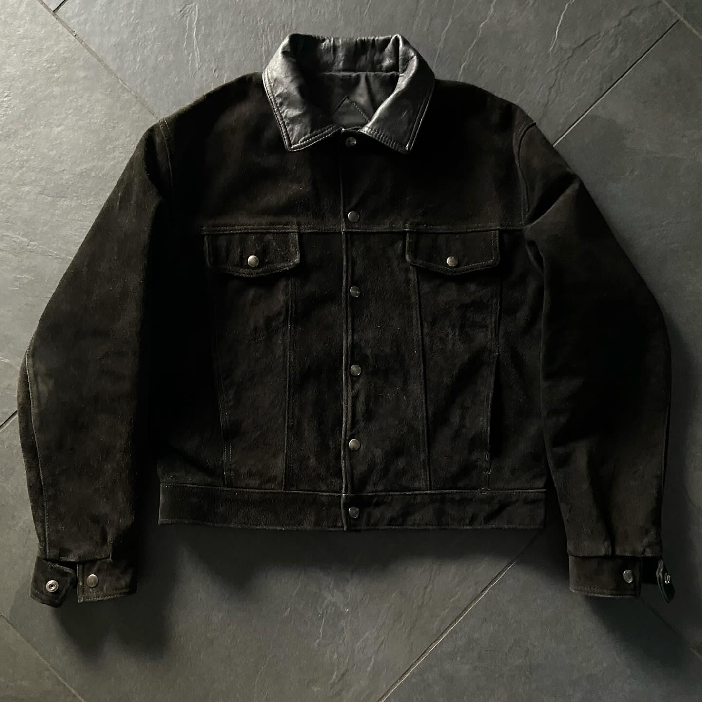Vintage 80s Suede Trucker Jacket: Handmade Black Leather Outwear 