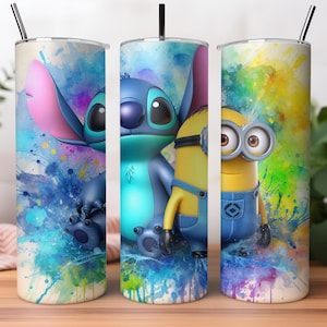 Envoltura para vaso con diseño de Stitch y Minion, diseño de sublimación para vaso delgado de 20 oz, envoltura para vaso con dibujos animados divertidos, mini envolturas para vaso con dibujos animados, archivo digital