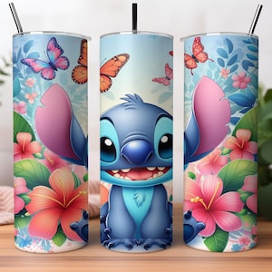 Stitch Floral Watercolor Tumbler, 20oz Skinny Tumbler, Stitch Floral Tumbler Wrap, Sublimation Design, Png Digital File