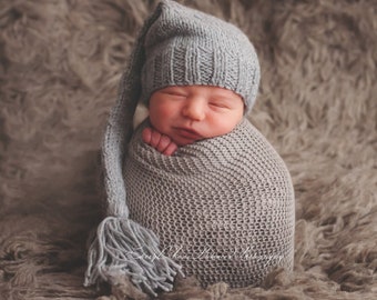 Knit Newborn Elf Hat: Long Tail Baby Stocking Cap, Baby Photo Prop
