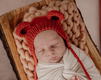 Newborn  baby bear hat with ears Teddy bear handmade baby shower gift idea Baby knit bear bonnet-baby announcement bear hat