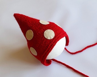 Baby mushroom knit hat-mushroom baby shower handmade gift-baby cottagecore forestcore amanita gnome pixie bonnet-newborn woodland photo prop