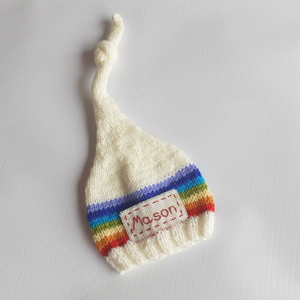 Personalized newborn rainbow knotted hat with name,handmade knitted keepsake new baby gift,baby announcement hospital hat