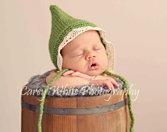 Newborn hand knit gnome bonnet hat photo prop-cottagecore baby shower handmade gift-baby announcement hat -infant hospital coming home cap