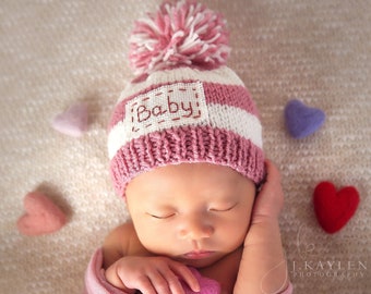 Personalized newborn hat, newborn name hat,monogram newborn hat,personalized baby gifts,new baby gift,pompom baby beanie,newborn photo prop
