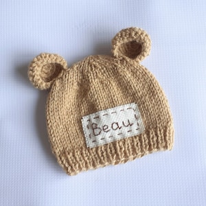 Personalized newborn bear hat with ears-handmade custom baby gift boy girl-newborn bear photo prop-monogram knit baby bear cap with name