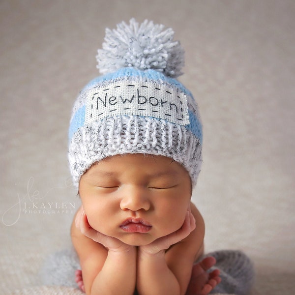 Sombrero de recién nacido personalizado, sombrero de nombre de recién nacido, sombrero de recién nacido con monograma, regalos de bebé personalizados, regalo de bebé nuevo, gorro de bebé pompón, accesorio de fotografía de recién nacido