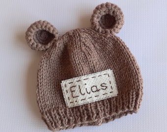 Personalized newborn bear hat with ears-handmade custom baby gift boy girl-newborn bear photo prop-monogram knit baby bear cap with name