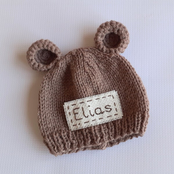 Personalized newborn bear hat with ears-handmade custom baby gift boy girl-newborn bear photo prop-monogram knit baby bear cap with name